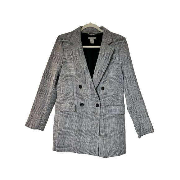 H & M Double Breasted Blazer Loose Fit Checked Grey Black Hourglass - Picture 1 of 8